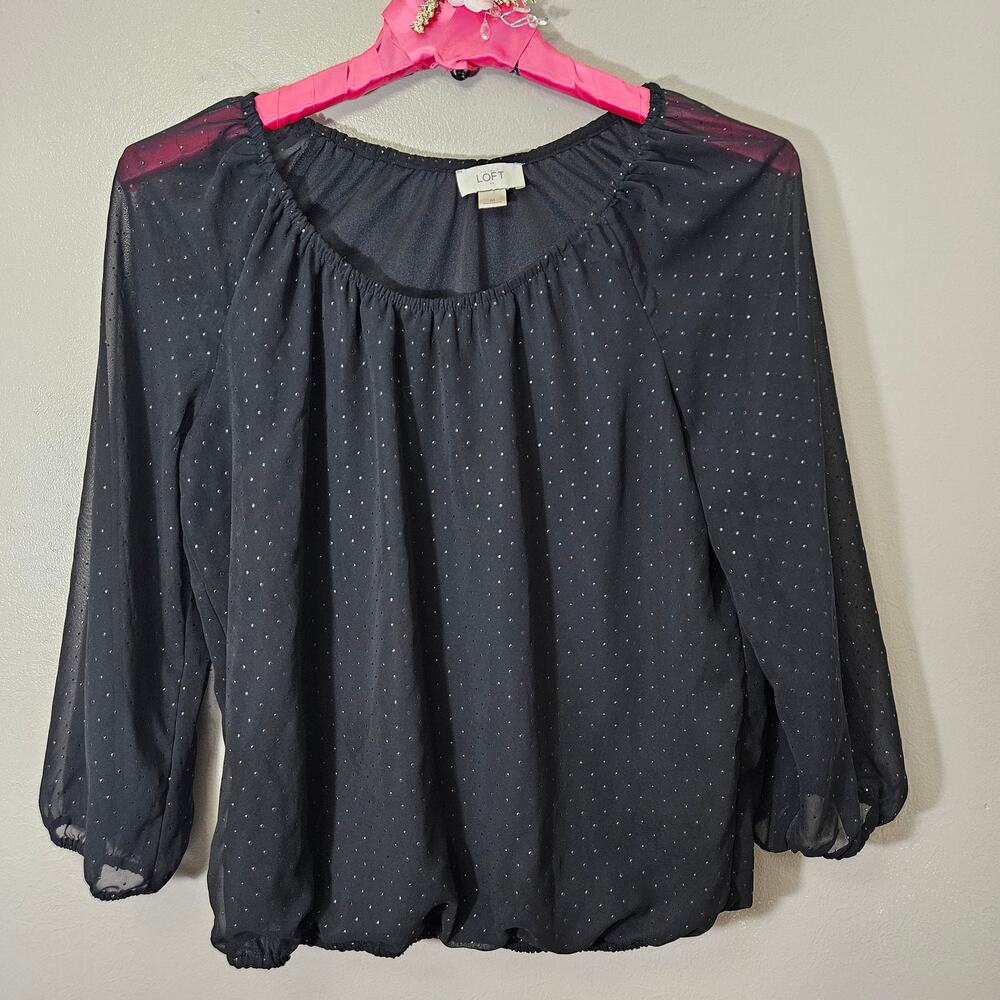 LOFT Ann Taylor Black Shiny Polka Dot Sheer Blouse M Whimsygoth Dark Romantic